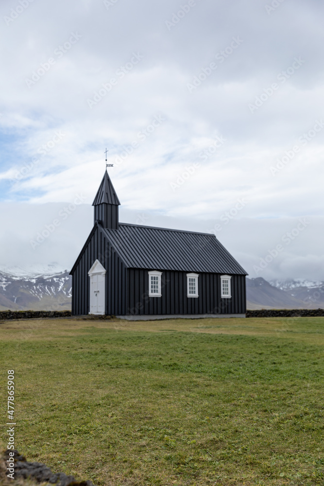 Iceland Black Church of Budir with overcast skies in the fall season