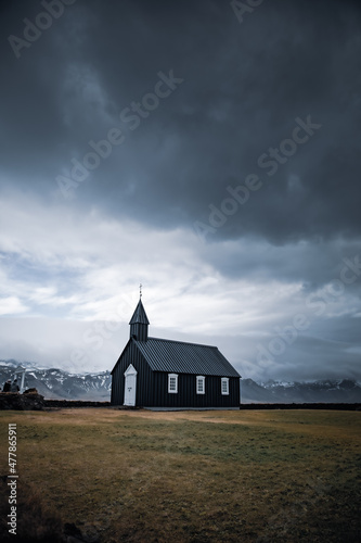 Iceland Black Church of Budir with overcast skies in the fall season