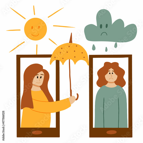 Vector illustration online psychological help and support service. Online therapy concept. Psychological counseling concept. Girl psychologist in the phone.