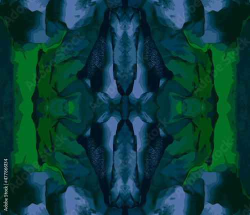 Vector EPS10 seamless background - Kaleidoscope 3. Totems of Deep Jungle. Illusion of shaman masks, totem poles and animals, birds and reptiles. Strange figures, faces and silhouettes