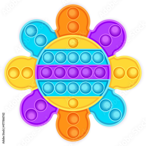 Pop it sensory vector toy.  Rainbow popular popit shaped as flower.  Bubble pop it fidget vector. Popit fidget toy. 3d realistic antistress fidgeting toy.