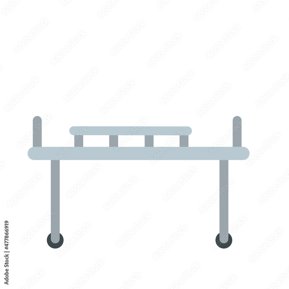 Medical bed on wheels. Decoration of clinic. Hospital bed or stretcher. Flat simple illustration isolated on white Medical bed on wheels. Decoration of clinic. Hospital bed or stretcher. Flat simple illustration isolated on white