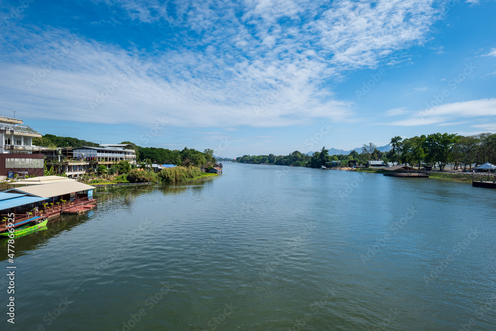 River Kwai In Kanchanaburi, in Thailand, viewed from the famous and historic Death Railway Bridge.