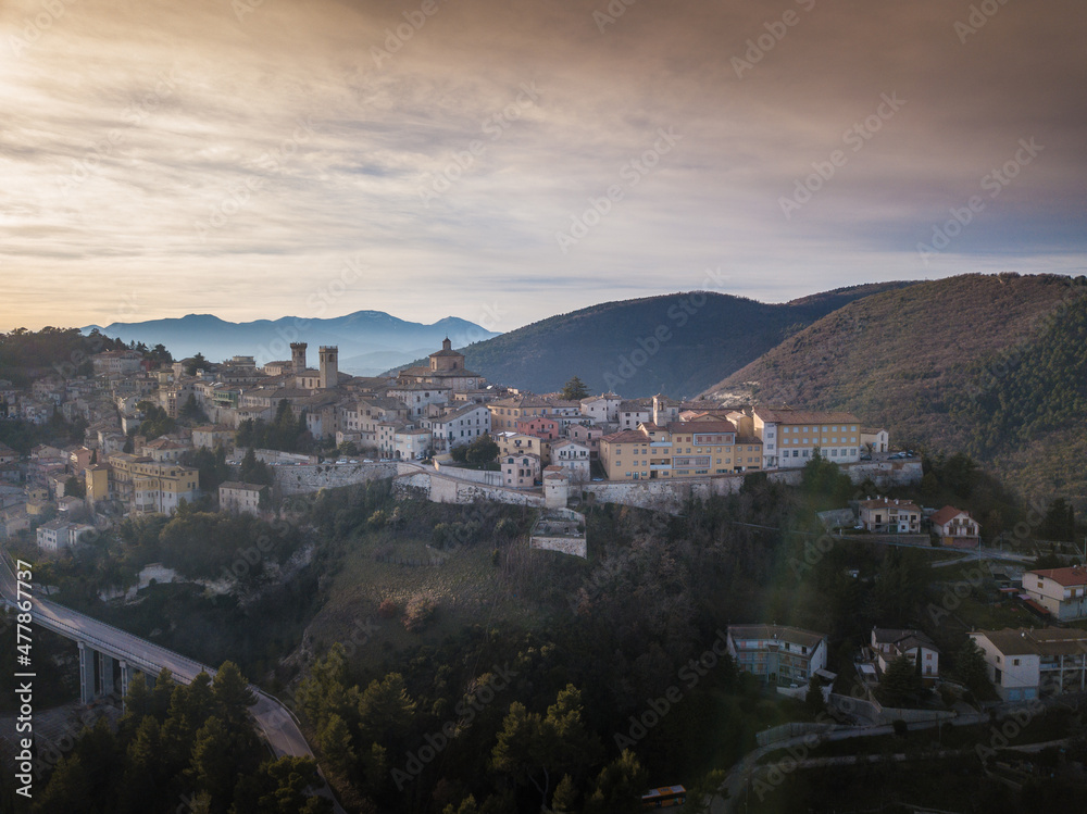 aerial view of the medieval village of Arcevia in the province of Ancona in the Marche region of Italy