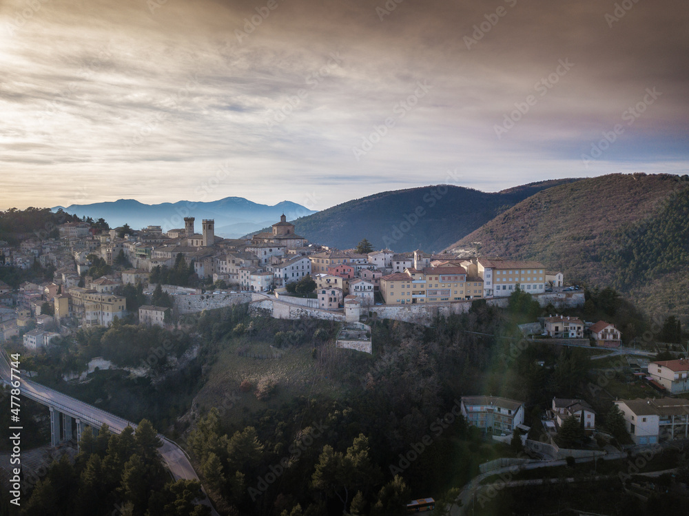 aerial view of the medieval village of Arcevia in the province of Ancona in the Marche region of Italy
