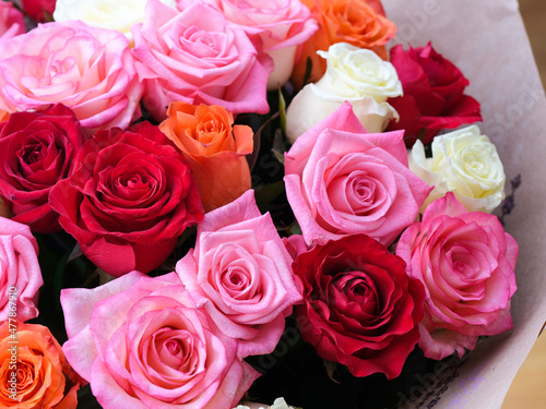 Closeup of a Beautiful bouquet of a multicolour roses.