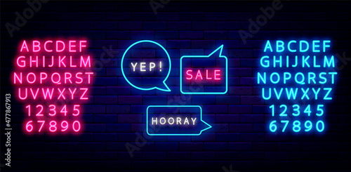 Comics speech bubbles neon sign collection. Yep, hooray and sale shiny text. Blue and pink alphabet. Vector illustration