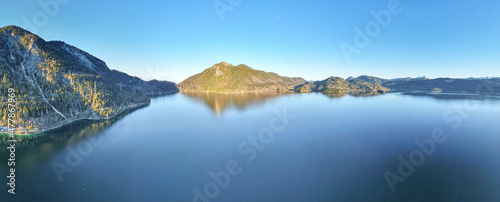 Panorama view to Lake Walchensee in Bavaria with mountain background