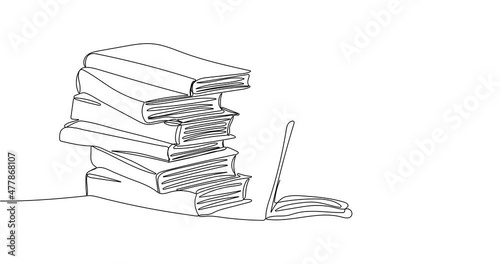 Animated continuous one line drawing of stack of books with open book. Education and back to school concept  
