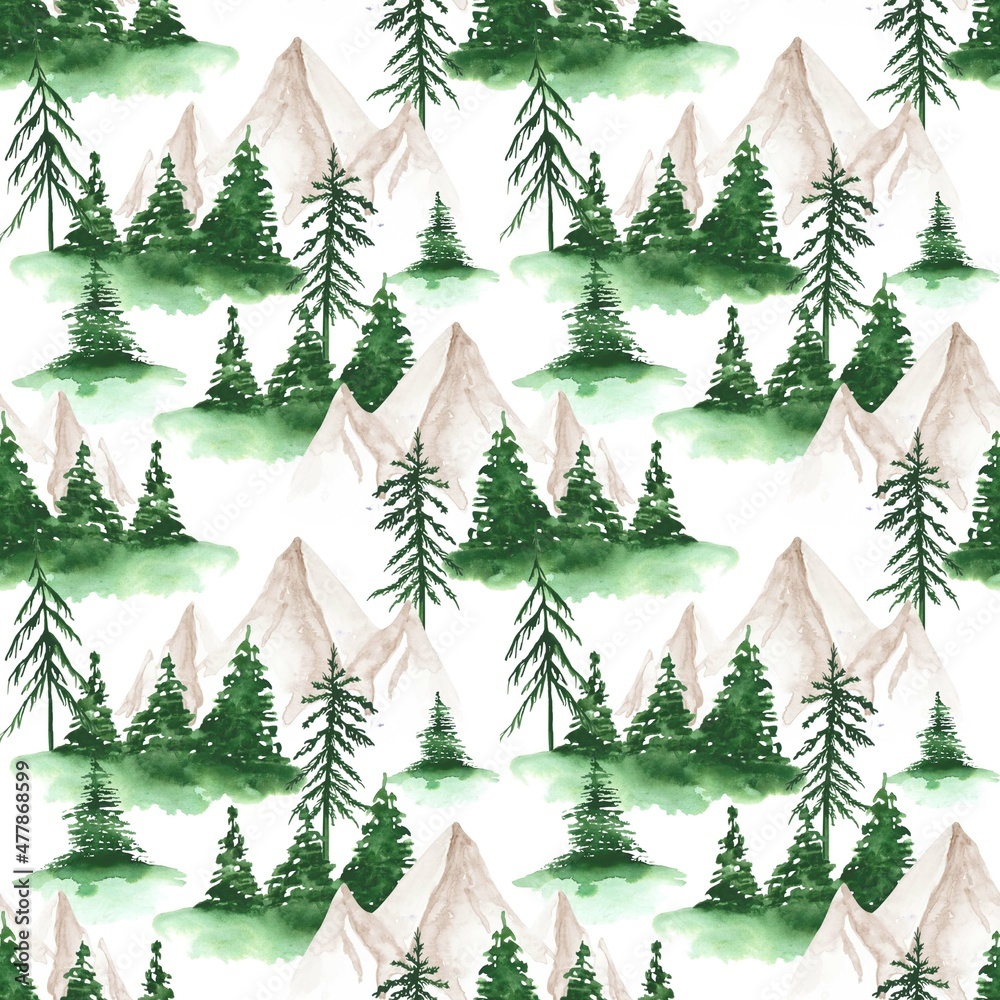 Landscape seamless pattern on a white background. Pine trees, and mountains endless print. Watercolor forest wallpaper. Green trees, and peaks backdrop. Nature design for wrapping paper and more.