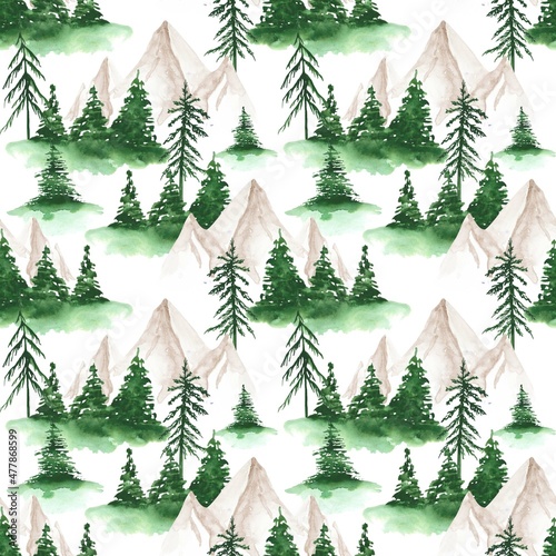 Landscape seamless pattern on a white background. Pine trees  and mountains endless print. Watercolor forest wallpaper. Green trees  and peaks backdrop. Nature design for wrapping paper and more.