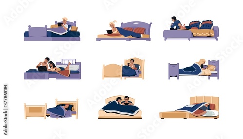 People in bed. Cartoon characters lying on mattress. Persons reading working and playing in bedroom. Man and woman with phone and laptop. Digital addiction. Vector sleep disorder concept