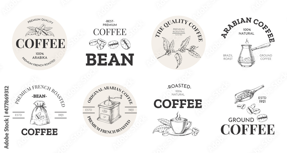 Coffee logo. Vintage premium arabica label with hand drawn beans sack and mug for cafe and coffeeshop. Espresso menu emblem with text. Spoon and roasted seeds mill. Vector stickers set