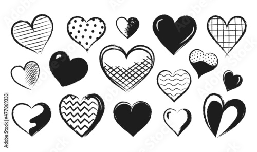 Heart sketch. Grunge paintbrush logo with primitive textures. Scribble ink shapes. Love and passion contour signs. Romance and marriage symbol. Vector Valentine brushstroke icons set