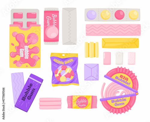 Cartoon bubble gum. Cartoon chewing candy. Colorful pads. Mint chewy balls and sticks in packaging or blisters. Yummy dragee and stripe. Oral hygiene sweets. Vector pink bubblegum set