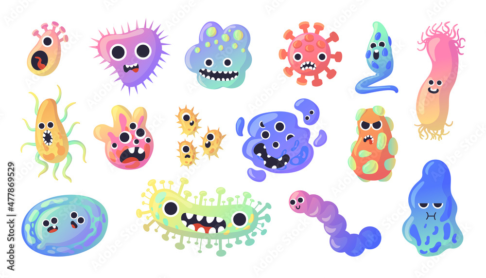 Fototapeta premium Cartoon germ character. Funny bacteria. Ameba cell. Virus and microbe with cute faces. Isolated colorful unicellular microorganisms. Microscopic monsters. Vector pathogen creatures set