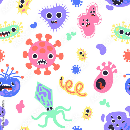 Flue bacteria pattern. Seamless print with coronavirus. Pathogen microbe. Covid-19 germs with funny faces. Infectious microorganisms. Microscope view. Disease viruses. Vector texture