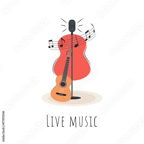 Poster for a concert with live music. Text on the background of a guitar and microphone with notes.