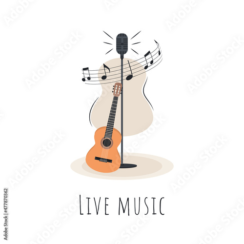 Microphone with guitar. Vector illustration for banners, posters, flyers of live concert performances.