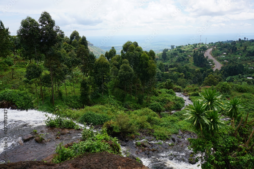 Picturesque view following the water from one of the Sipi Falls Picturesque view following the water from one of the Sipi Falls