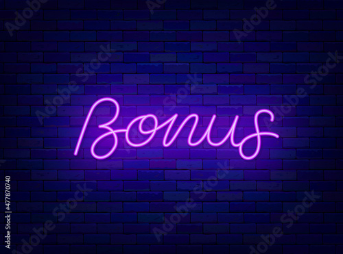 Bonus neon lettering. Casino win, jackpot. Shiny calligraphy. Glowing quote. Outer glowing effect. Vector illustration