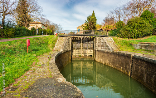 The Écluse du Moulin de Trèbes, on the Canal du Midi, in the town of Trèbes in the South of France