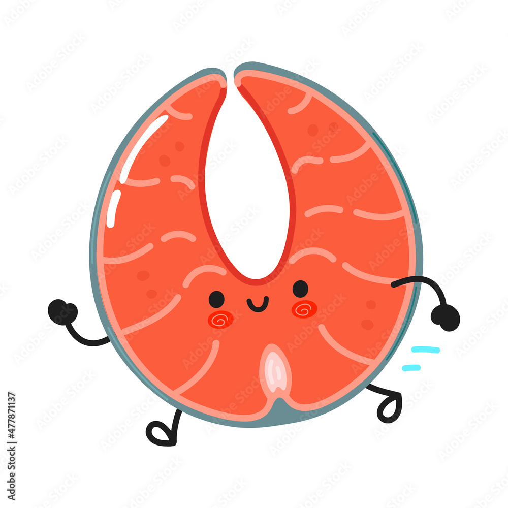Cute funny running red fish salmon. Vector hand drawn cartoon kawaii illustration icon. Isolated on white background. Run red fish salmon concept Cute funny running red fish salmon. Vector hand drawn cartoon kawaii illustration icon. Isolated on white background. Run red fish salmon concept
