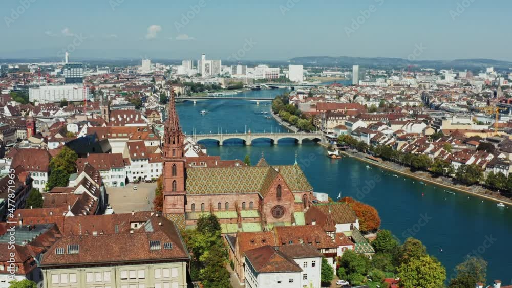 Basler Muenster next to the Rhein in Basel at summer - Wide shot - Aerial 4k Basler Muenster next to the Rhein in Basel at summer - Wide shot - Aerial 4k