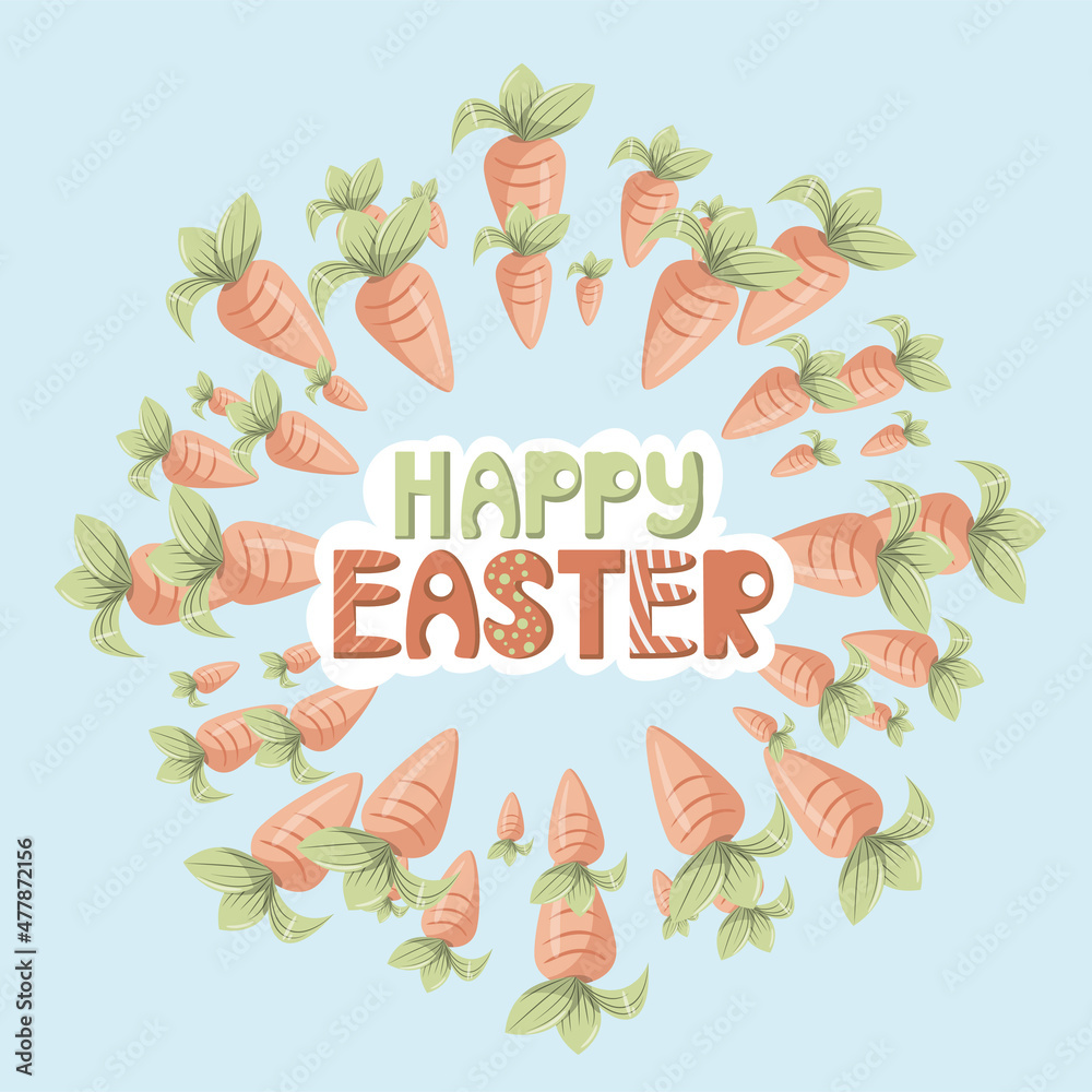 Happy easter font design. banner with multicolored letters. Vector illustration in doodle style. carrot with leaves