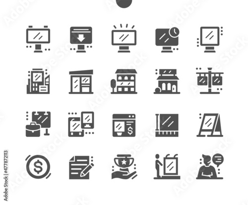 Outdoor advertising. Building, citylight, scroller, stella and billboard. Business and promotion. Marketing. Vector Solid Icons. Simple Pictogram photo