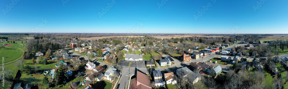 Aerial panorama of Burford, Ontario, Canada downtown area