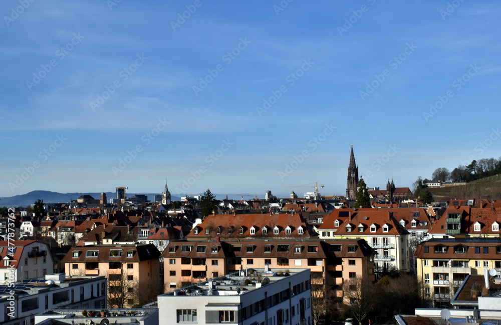 Blick über Freiburg an einem sonnigen Wintertag