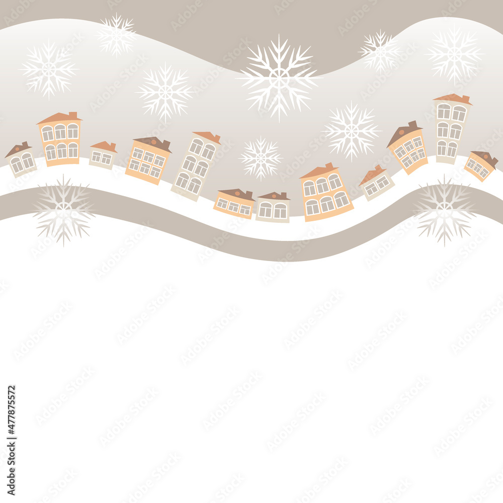 An illustration on a square background, a website cap, a postcard or a book - a winter village or houses in the snow