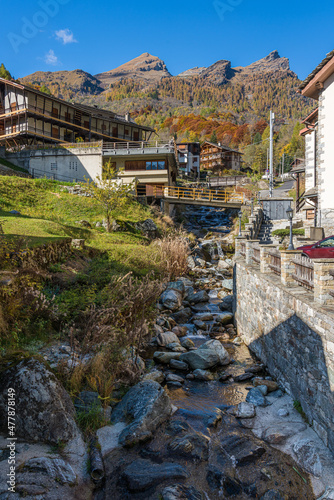 The beautiful village of Alagna Valsesia, during fall season, in Valsesia (Sesia Valley). Province of Vercelli, Piedmont, Italy.