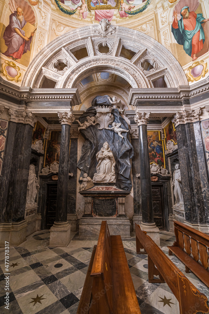 Indoor view in the majestic Vicoforte Sanctuary, in the province of Cuneo, Piedmont, northern Italy.