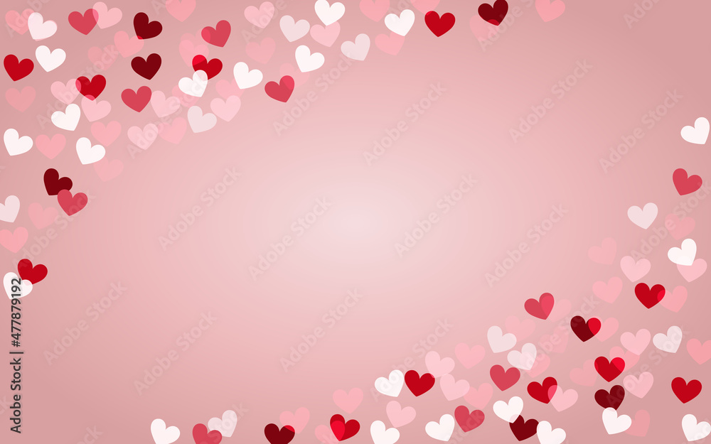 Red, pink, and white hearts on pink background in corners