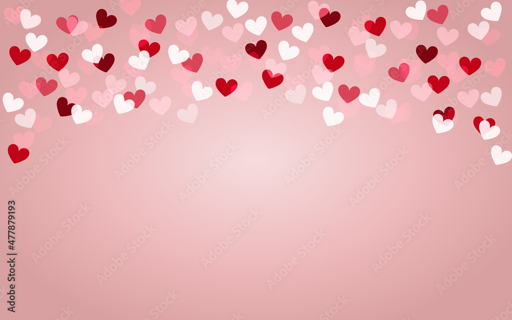 Red, pink, and white hearts on pink background on top