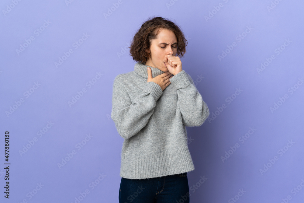 Young English woman isolated on purple background coughing a lot Young English woman isolated on purple background coughing a lot