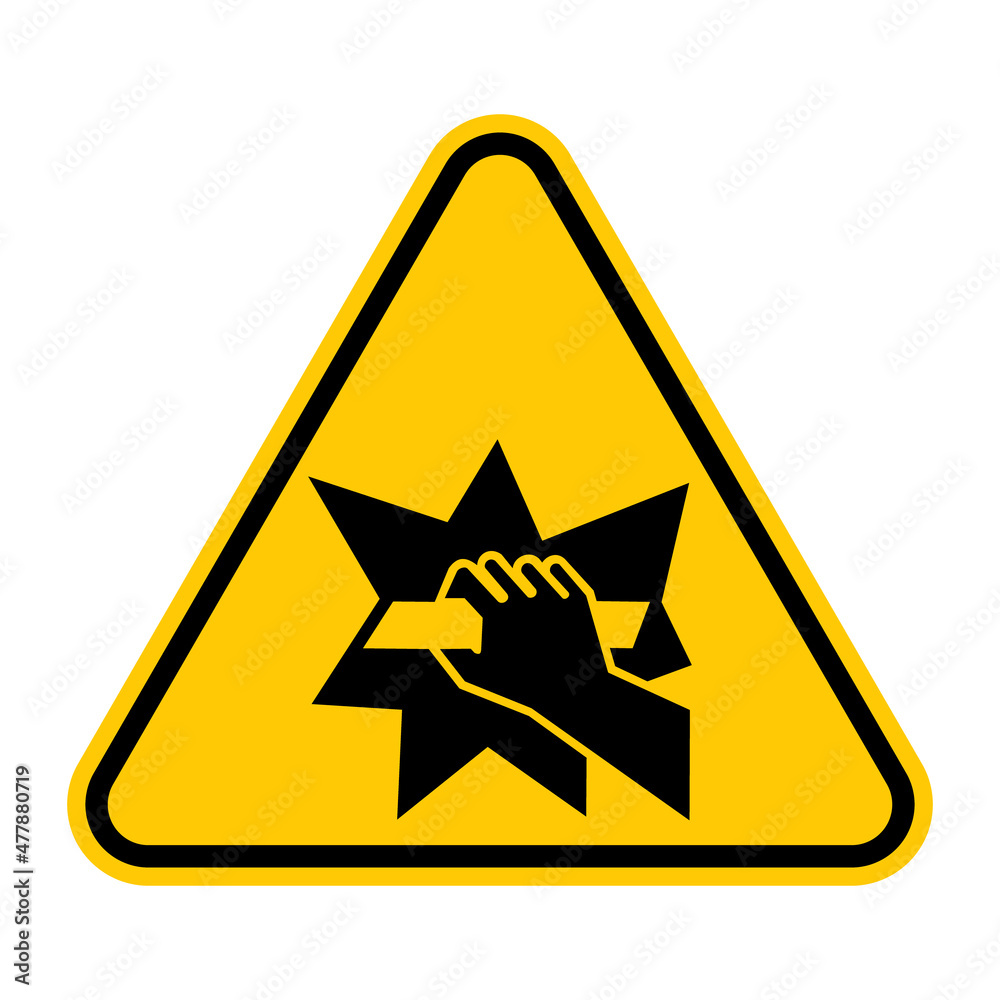 Break to obtain access sign. Vector illustration of yellow triangle warning sign with hand holding bar icon inside. Emergency exit device symbol. Caution.