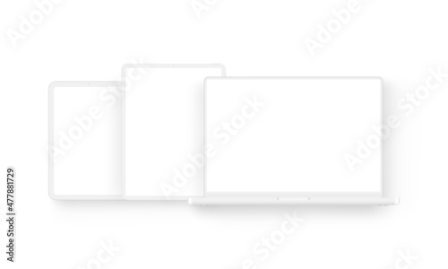 Modern Clay Devices, Laptop and Tablets with Blank Screens, Mockup. Vector Illustration