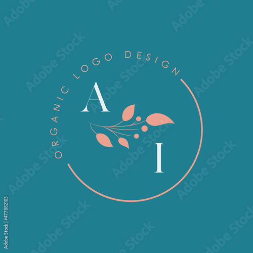 Ai or A i organic letter logo design on a circle shape frame with botanical flower elements, vector illustration. Natural pastel icon.