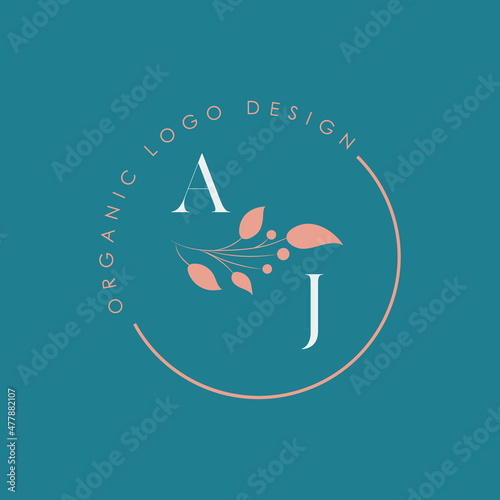 AJ or A J organic letter logo design on a circle shape frame with botanical flower elements, vector illustration. Natural pastel icon.