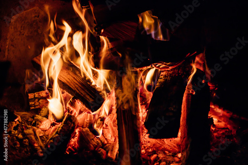 Fire flames on black background. Natural fuel and energy.The fire in the natural forest, flames and sparks.