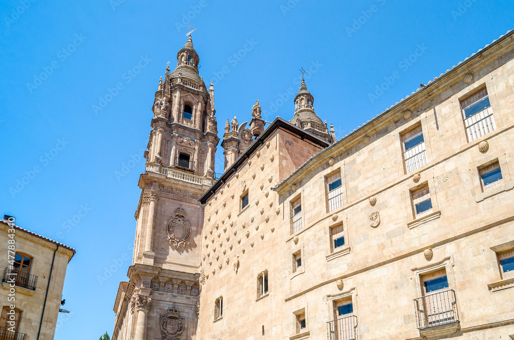 Architecture in Salamanca, Spain; view of the Casa de las Conchas and a Baroque church in the background