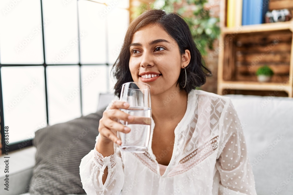 Young latin woman smiling confident drinking water at home Young latin woman smiling confident drinking water at home