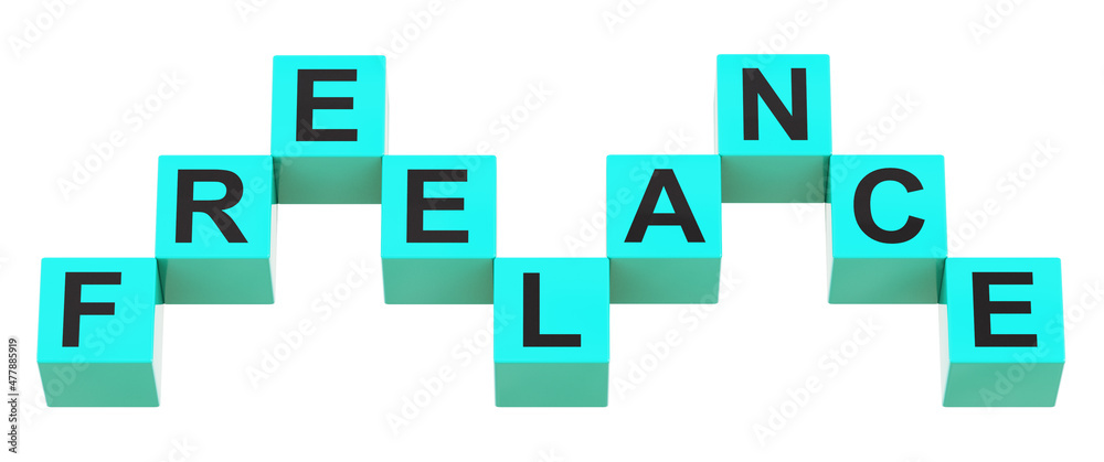 Freelance inscription on turquoise cubes in the form of the letter M. 3D rendering Freelance inscription on turquoise cubes in the form of the letter M. 3D rendering