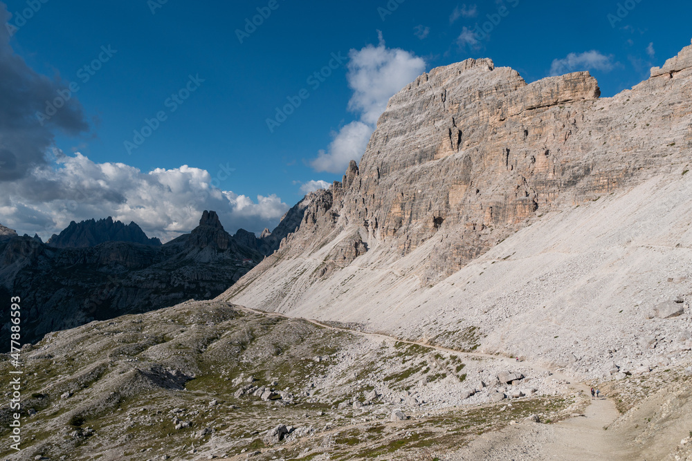 Great sunny view of the National Park Tre Cime di Lavaredo, Dolomites Alps.