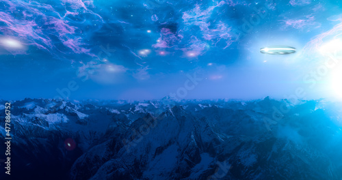 Alien spaceship flying over the rocky mountains during night. Nebula interstellar clouds glowing in sky. 3d Rendering Art UFO. Aerial landscape Background image from British Columbia, Canada.