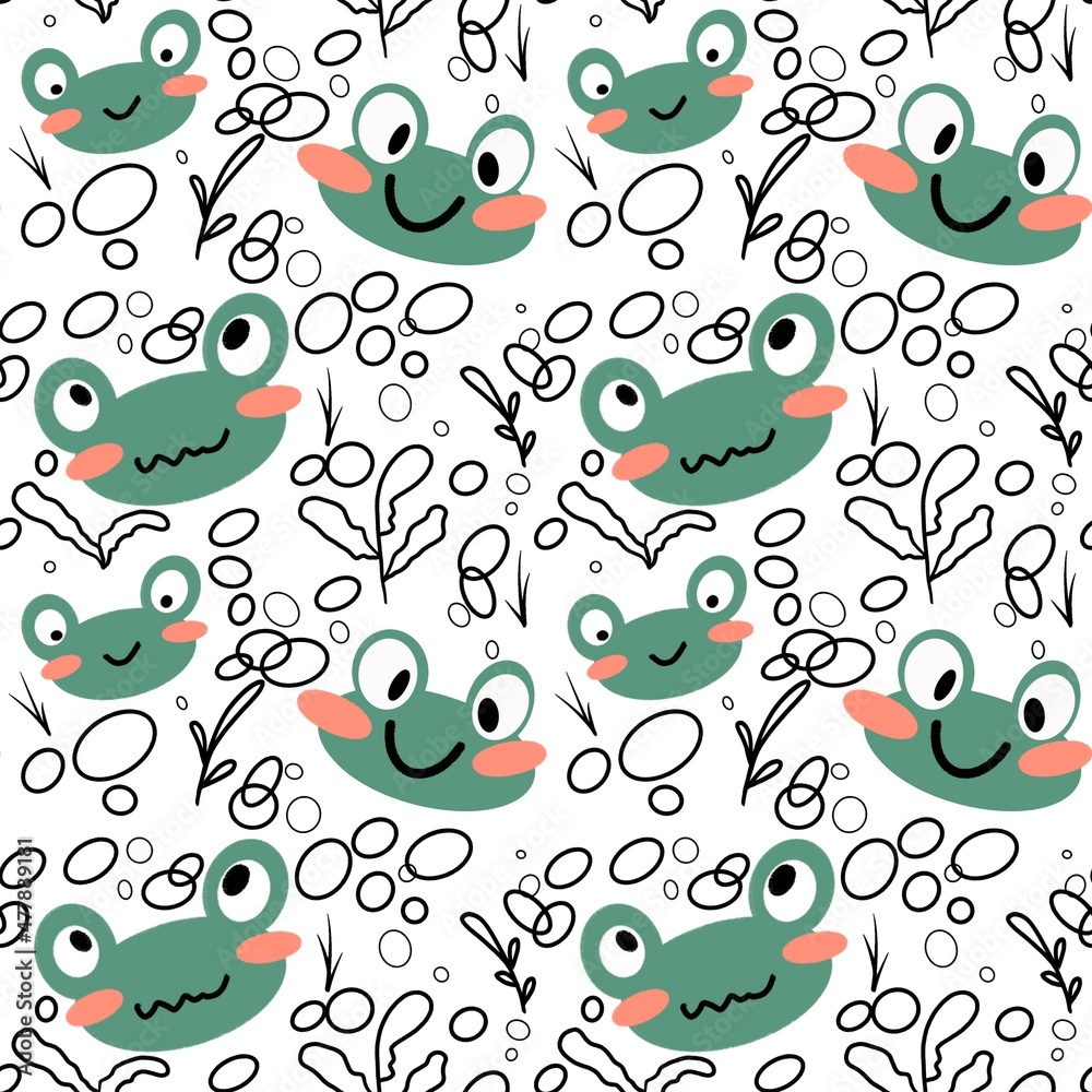 Kids seamless pattern with green cartoon frogs for cards and fabrics and hobbies Kids seamless pattern with green cartoon frogs for cards and fabrics and hobbies