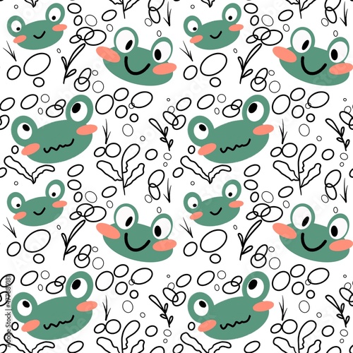 Kids seamless pattern with green cartoon frogs for cards and fabrics and hobbies 